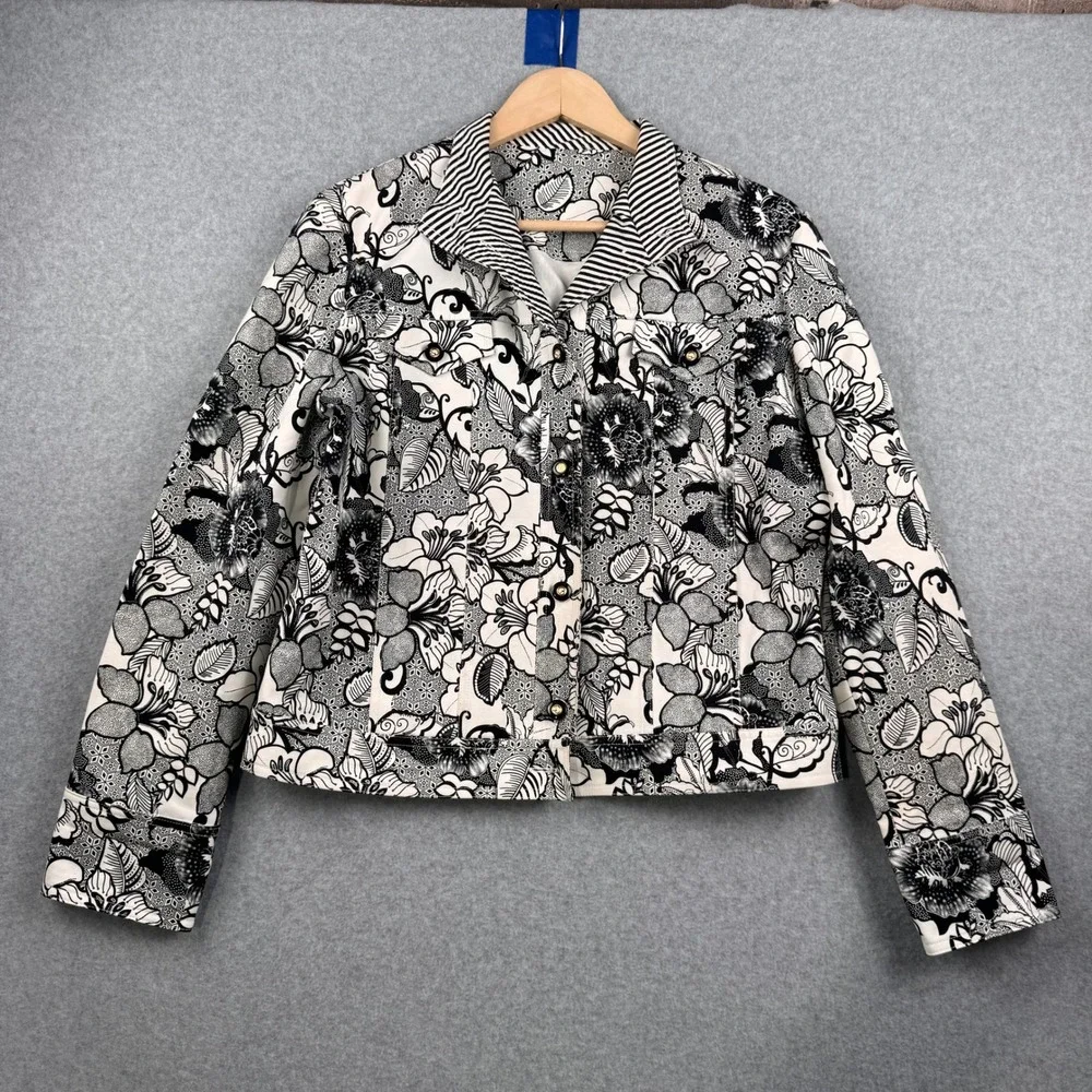 St John Sport Jacket Womens Medium Black‎ White Floral Button Up Cotton Stretch